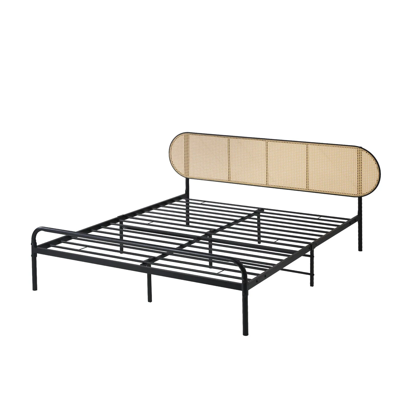 Oikiture Bed Frame Double Size Metal Base Platform with Rattan Headboard