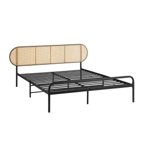 Oikiture Bed Frame Double Size Metal Base Platform with Rattan Headboard