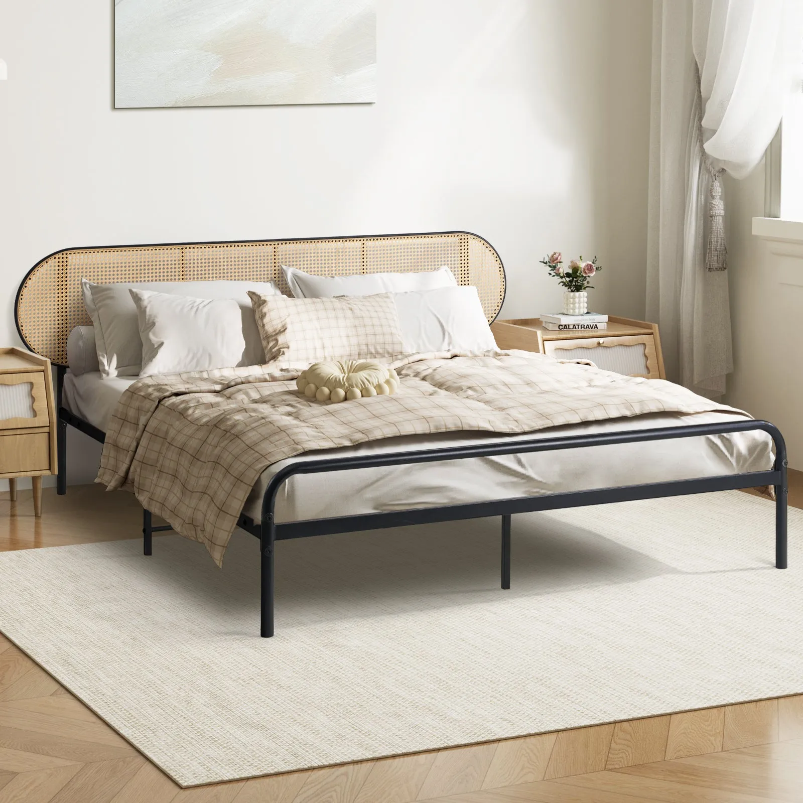 Oikiture Bed Frame Double Size Metal Base Platform with Rattan Headboard