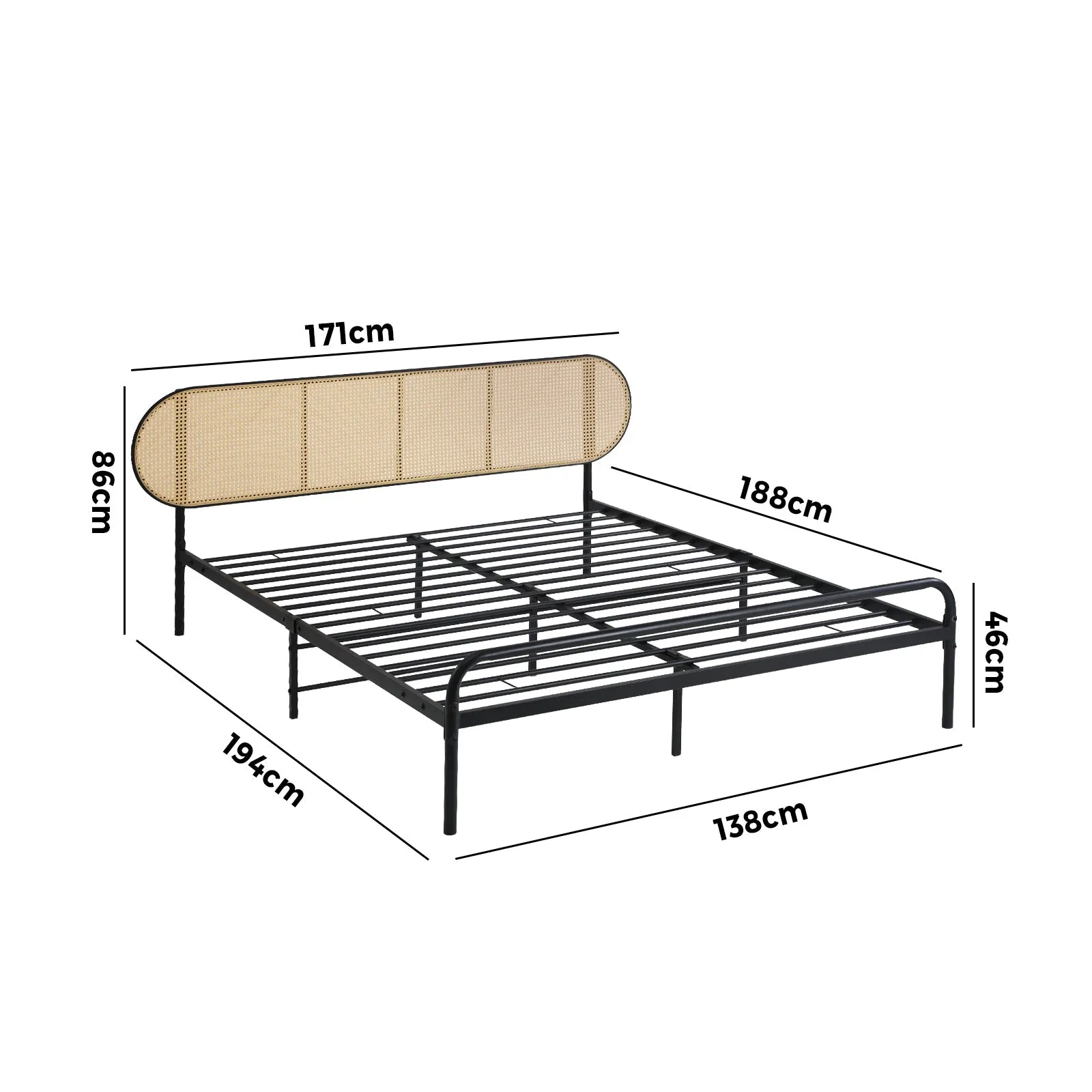 Oikiture Bed Frame Double Size Metal Base Platform with Rattan Headboard