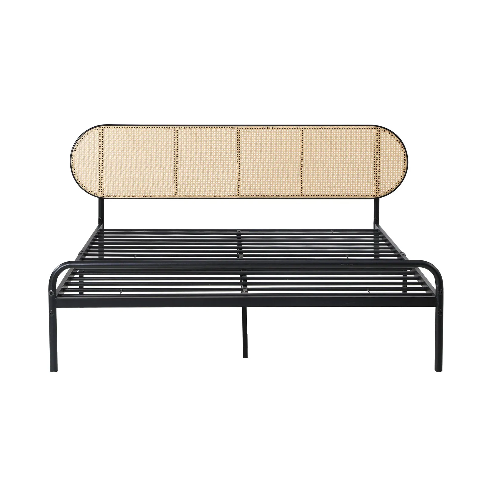 Oikiture Bed Frame Double Size Metal Base Platform with Rattan Headboard