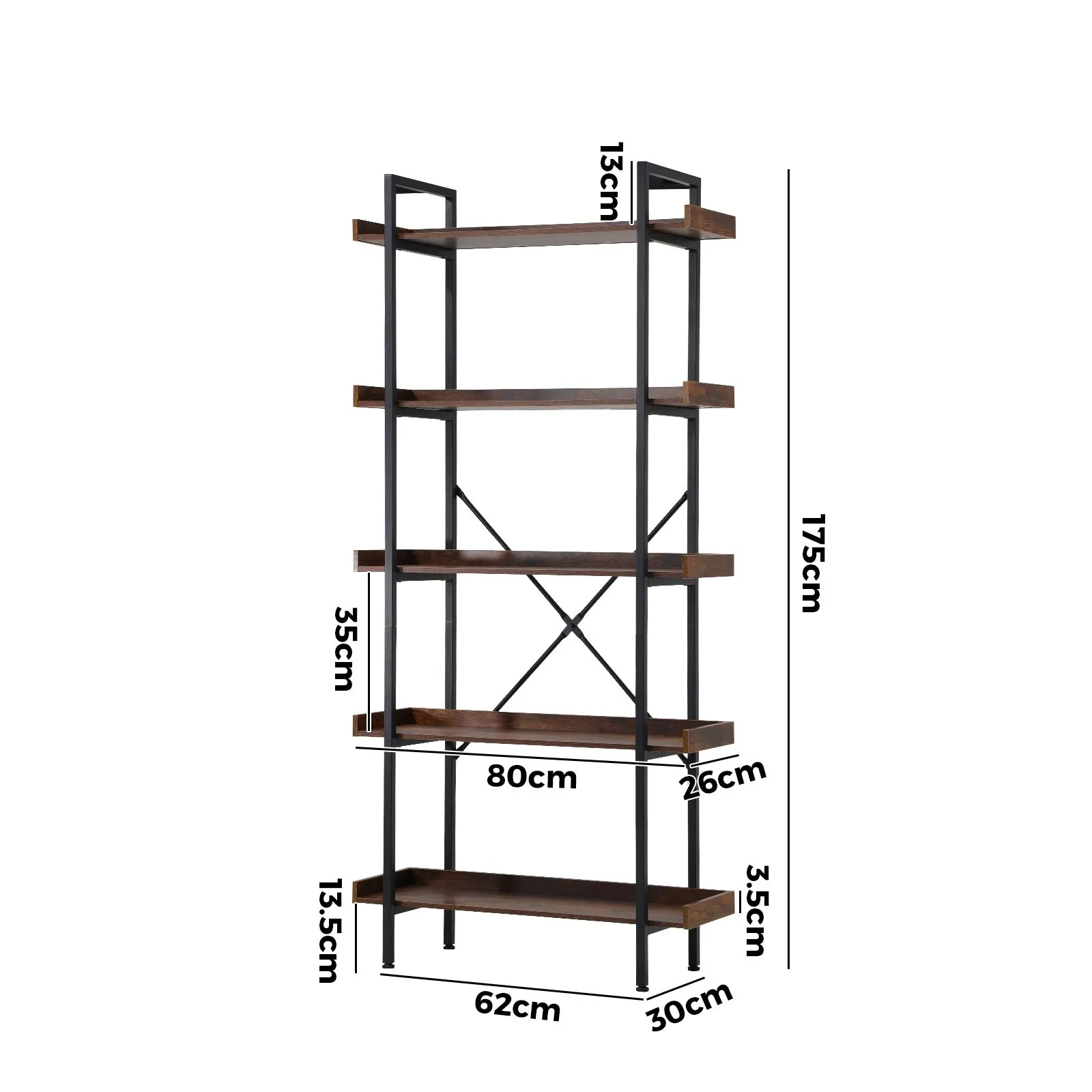 Oikiture Display Shelf 5-Tier Bookshelf Shelves Storage Bookcase Stand Rack 80CM