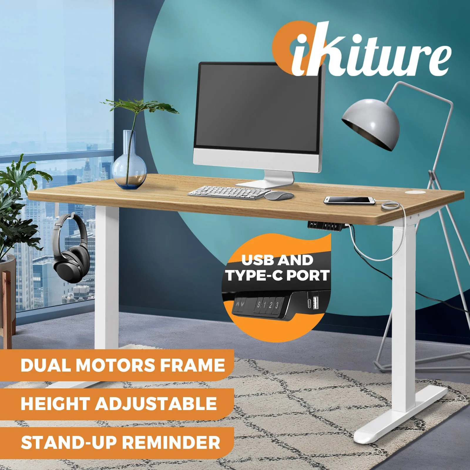 Oikiture Standing Desk Electric Height Adjustable Stand Office Dual Motor 140cm