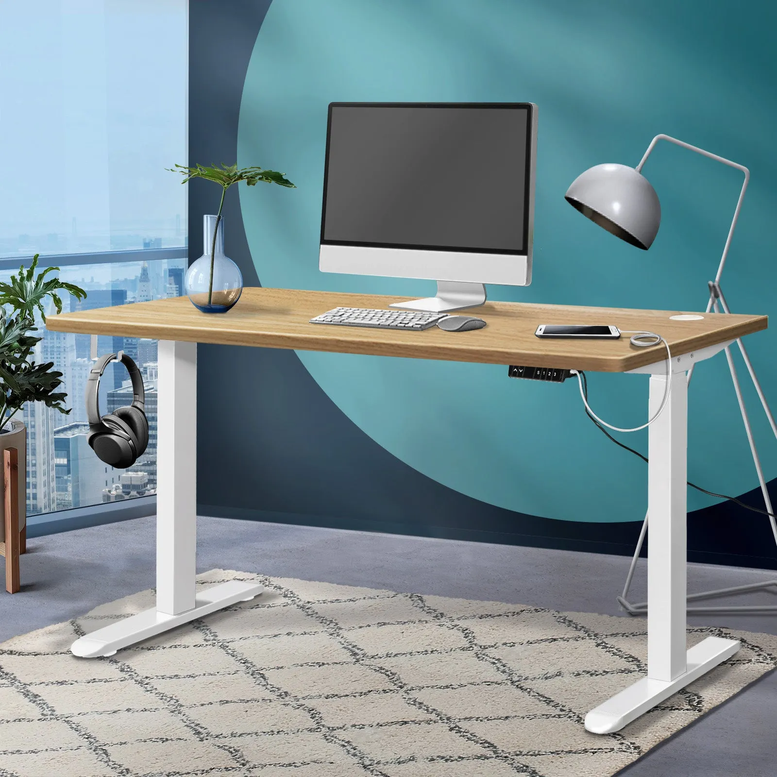 Oikiture Standing Desk Electric Height Adjustable Stand Office Dual Motor 140cm