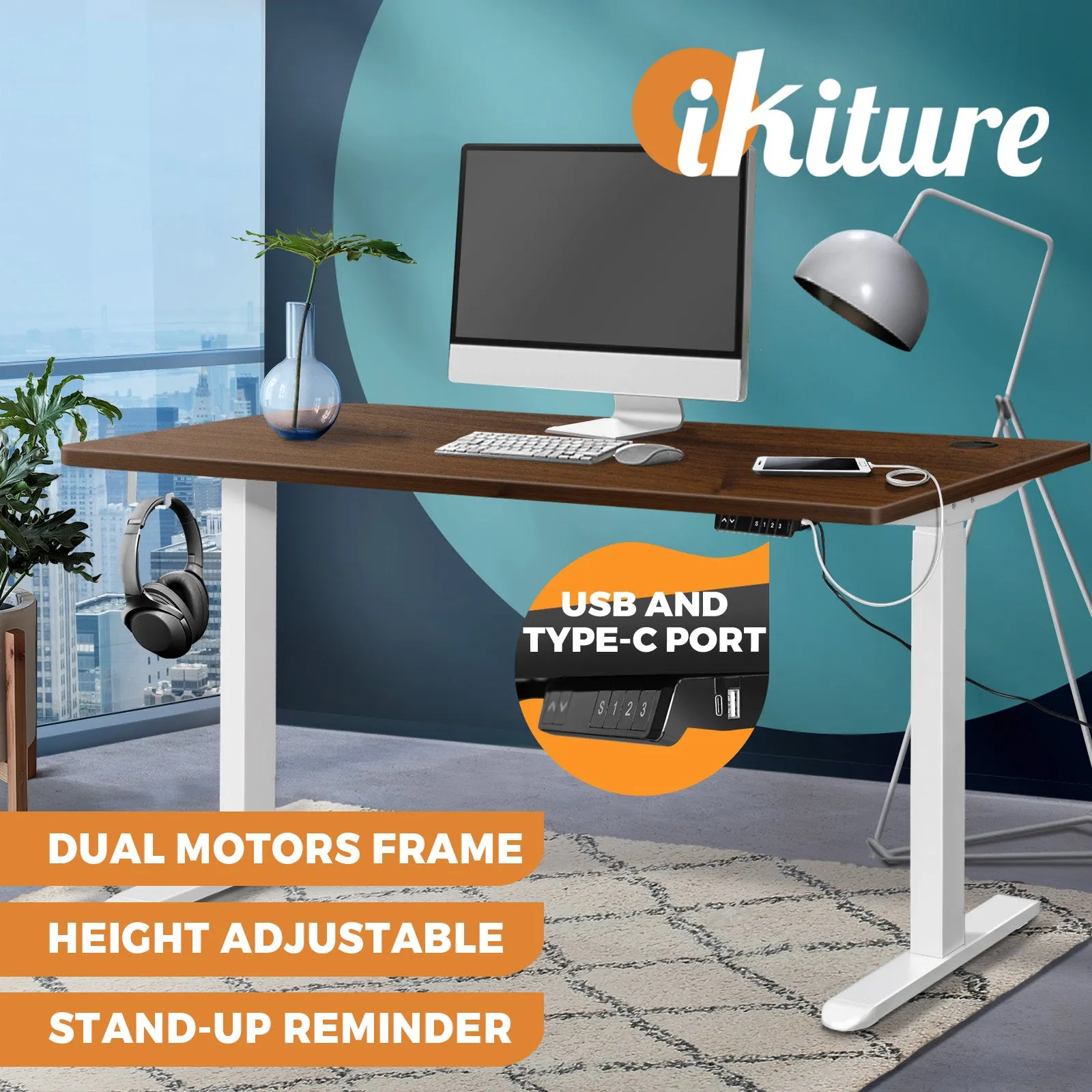 Oikiture Standing Desk Height Adjustable Electric Dual Motor Stand Table 140cm