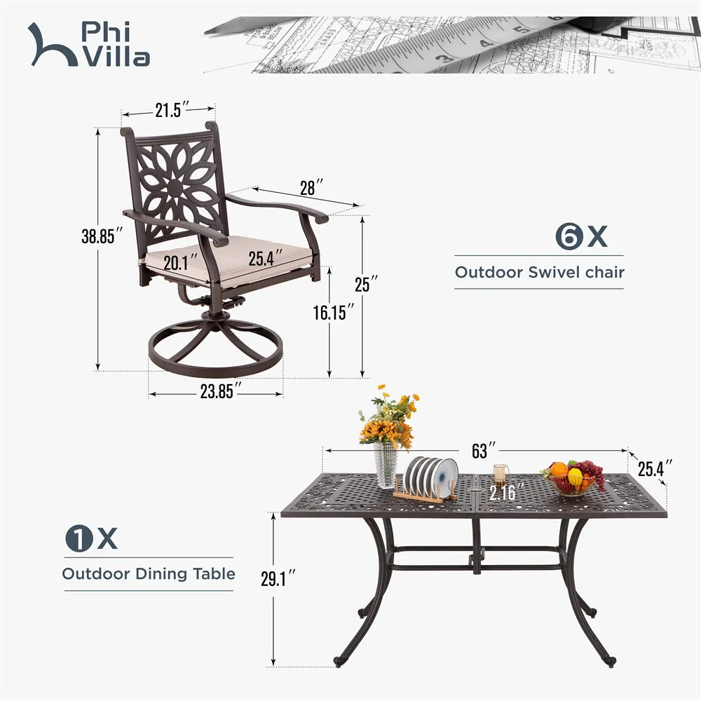 Phi Villa 7 Piece Cast Aluminum Outdoor Dining Set with Swivel Chair & Dining Table