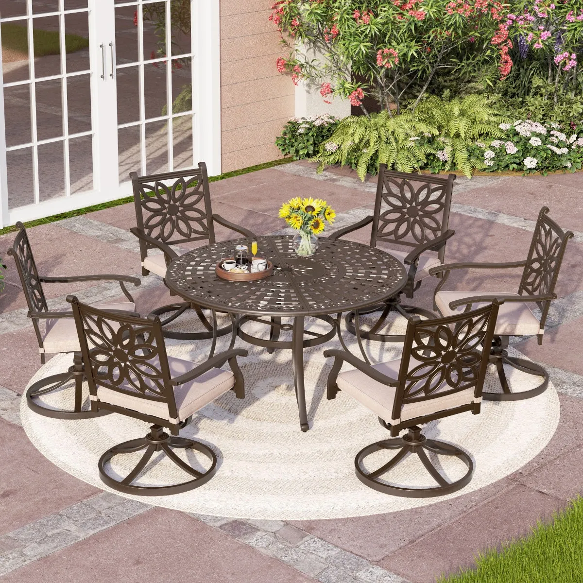 Phi Villa 7 Piece Cast Aluminum Outdoor Dining Set with Swivel Chair & Dining Table