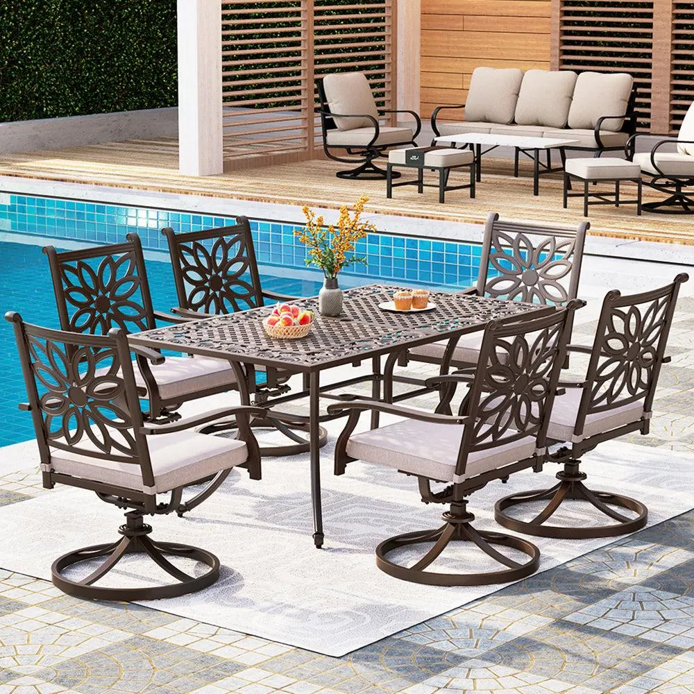 Phi Villa 7 Piece Cast Aluminum Outdoor Dining Set with Swivel Chair & Dining Table