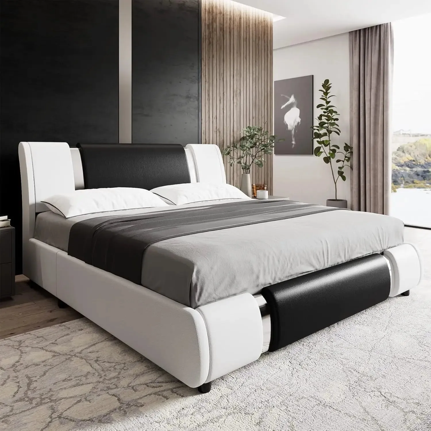 Platform bed frame, upholstered in faux leather, gold iron metal upholstery, adjustable curved headboard platform bed frame