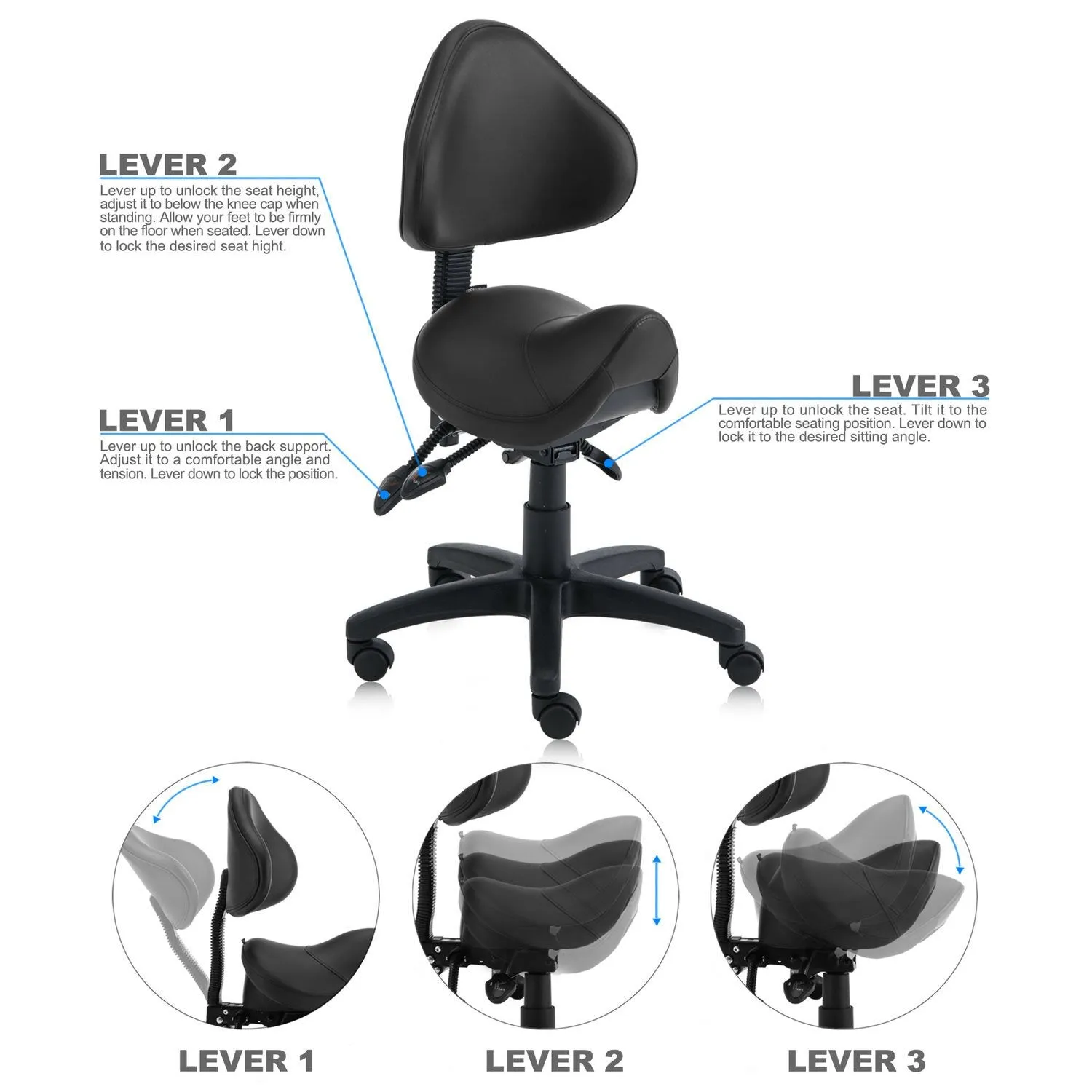 Saddle Shape Stool with Adjustable Back Support and Tilt-able Seat