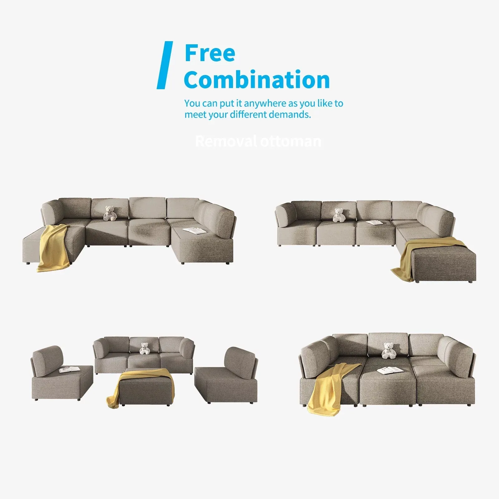 Sectional Couch/Futon Sofa Bed, Variable Modular Oversized Couch, U/L Shaped Couch and Queen Sleeper Sofa, Convertible Sofa Set for Living Room, Furniture for Living Room,Light Tan