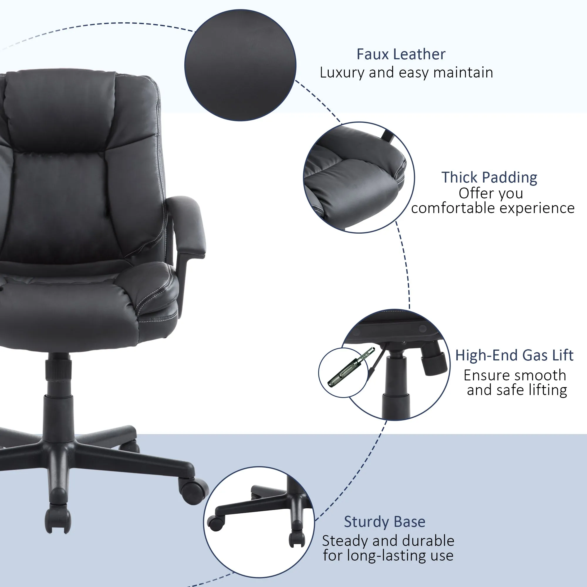 Swivel Executive Office Chair Mid Back Faux Leather Computer Desk Chair for Home with Double-Tier Padding, Arm, Wheels, Black