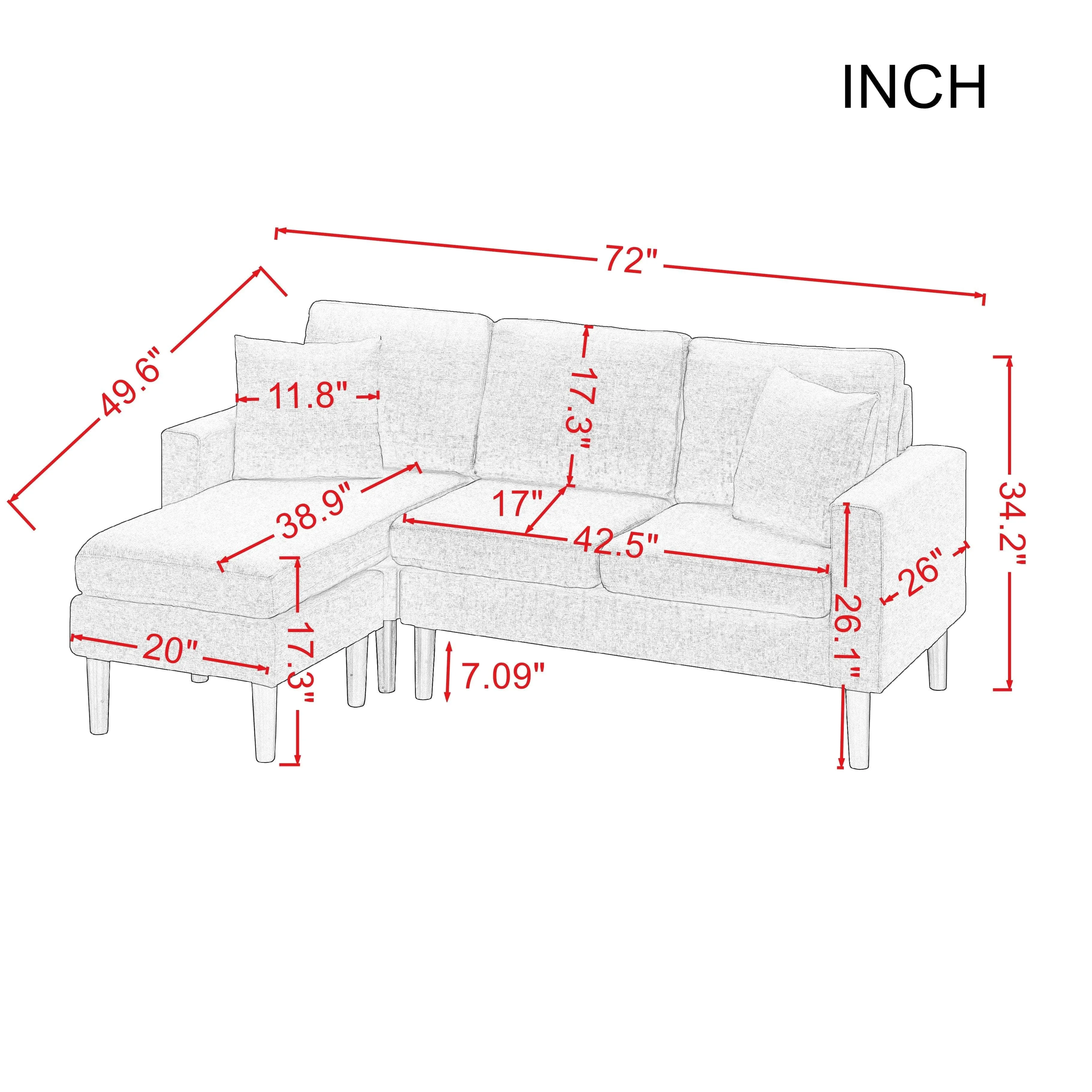 TFC&H Co. 72" Sectional Sofa Left Hand Facing w/ 2 Fabric Pillows- Ships from The US