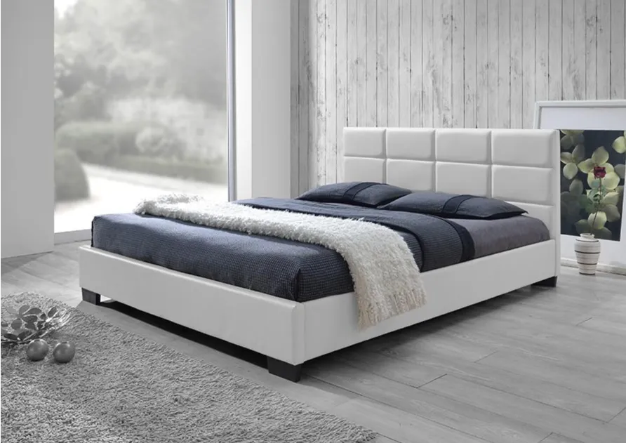 Vivaldi | White Faux Leather Padded Platform Base Queen Size Bed Frame