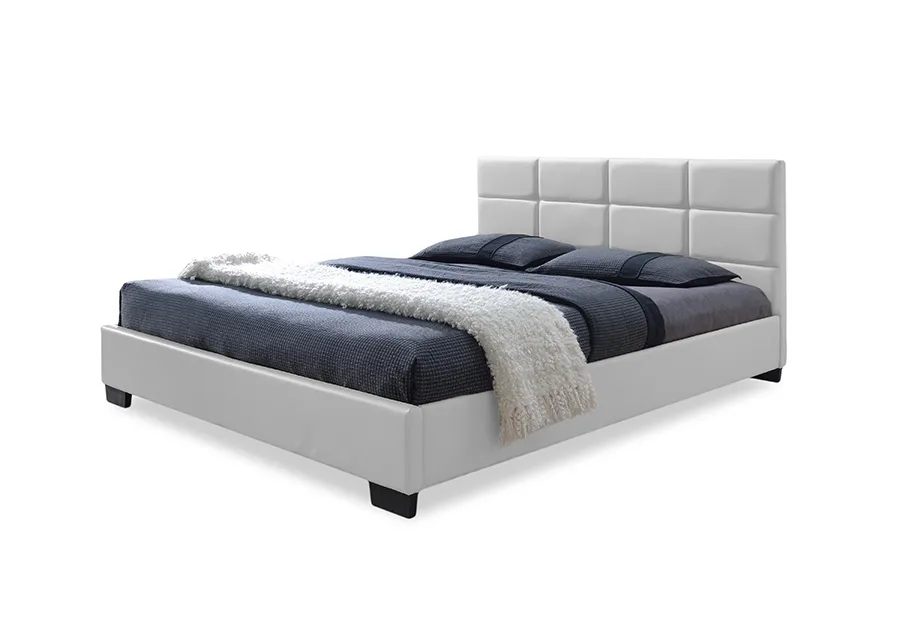 Vivaldi | White Faux Leather Padded Platform Base Queen Size Bed Frame