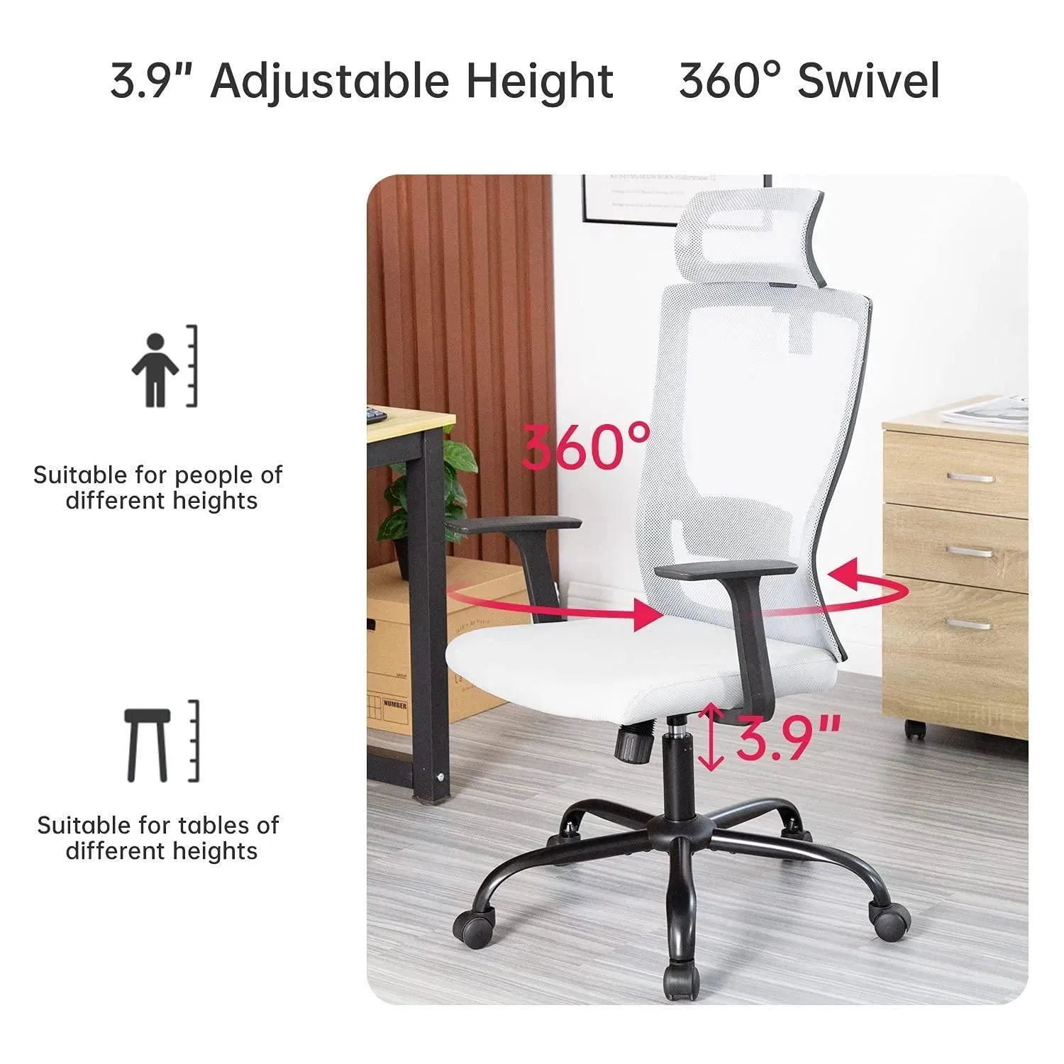 Wooden Twist Office Desk Chair Adjustable Height Nylon 360° Swivel Mesh Backrest Firm Armrest and Head Pillow for Ultimate Comfort and Style