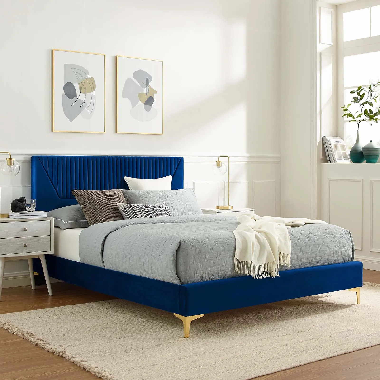 Yasmine Channel Tufted Performance Velvet Full Platform Bed Navy MOD-6996-NAV