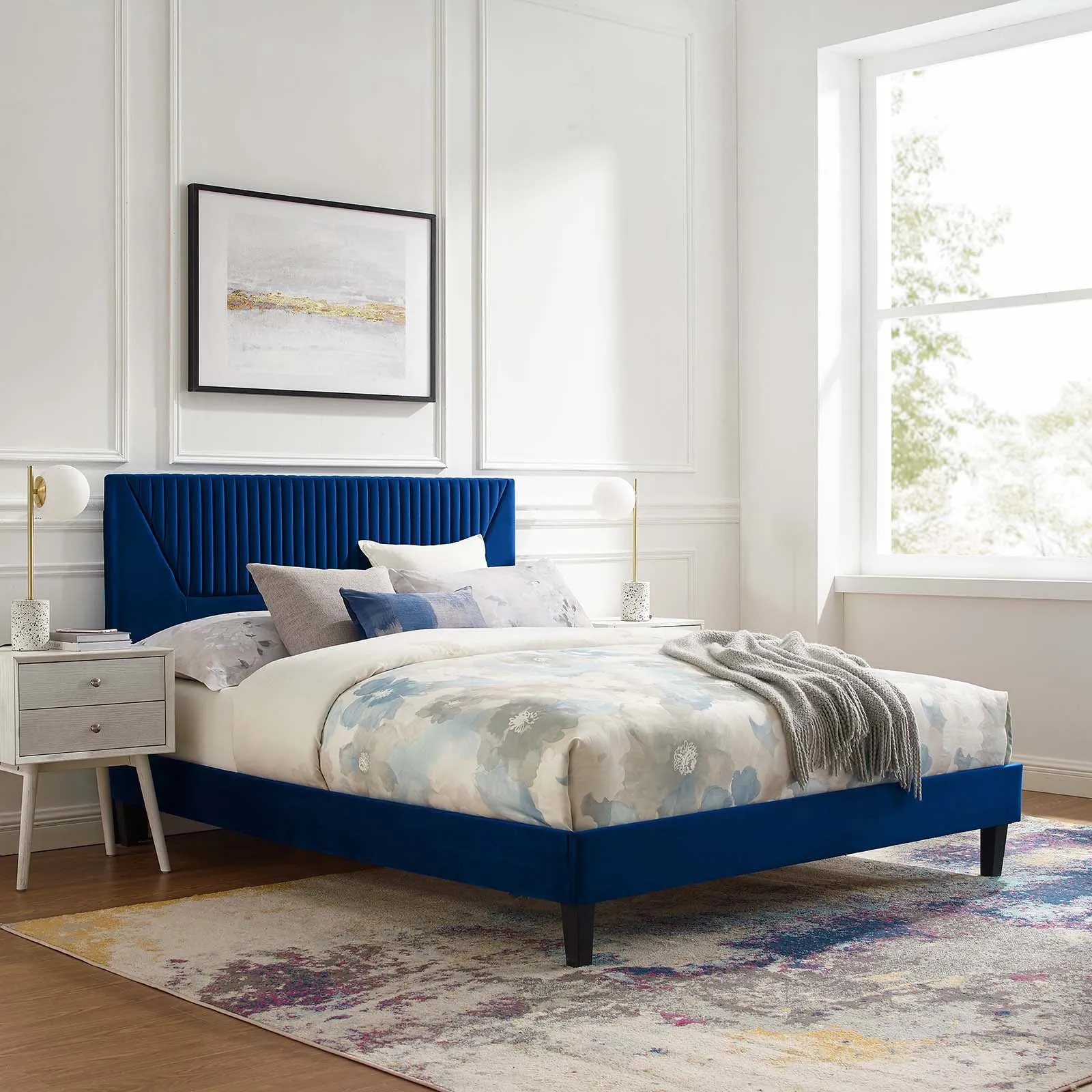 Yasmine Channel Tufted Performance Velvet Queen Platform Bed Navy MOD-6976-NAV