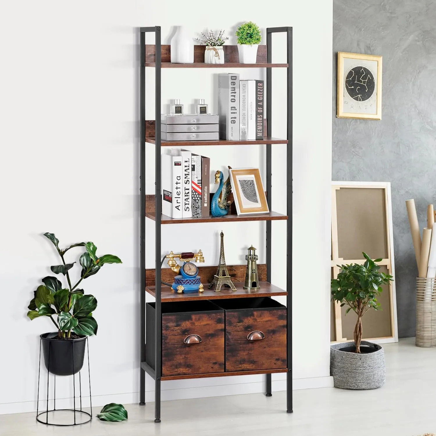 ZENY™ 5-Tier Bookshelf w/2 Storage Drawers,Tall Book Shelf Bookcase w/Anti-Tip Kit, Freestanding Storage Organizer Shelving Unit